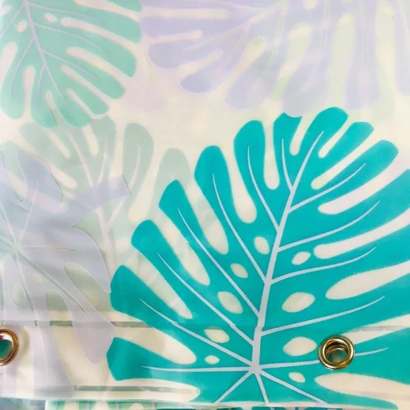 Tropical Jungle Leaves Peva Shower Curtain Shades of Blue Metal Grommets - Picture 3 of 8